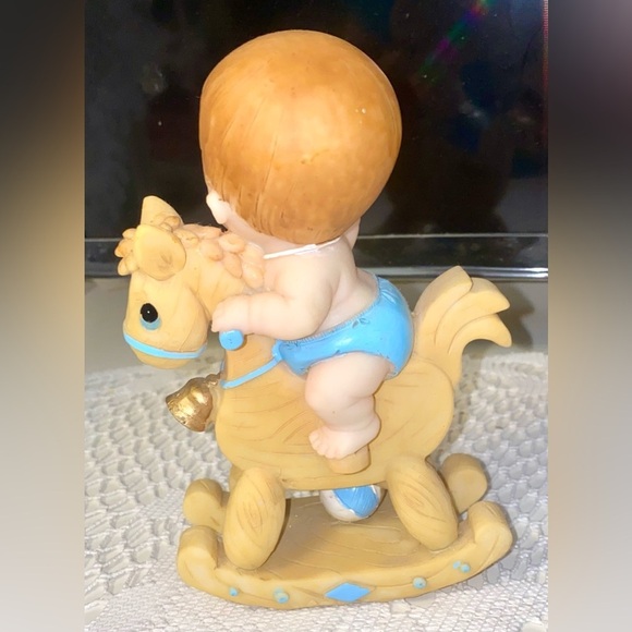 Adorable Baby on Rocking Horse Figurine - Blue and Tan - Picture 2 of 3